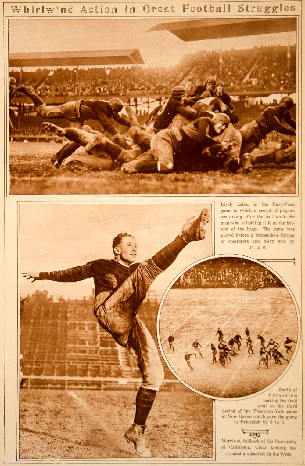 1923 Rotogravure Vintage Football Navy-Penn Game Kicker Field Goal Players Sport