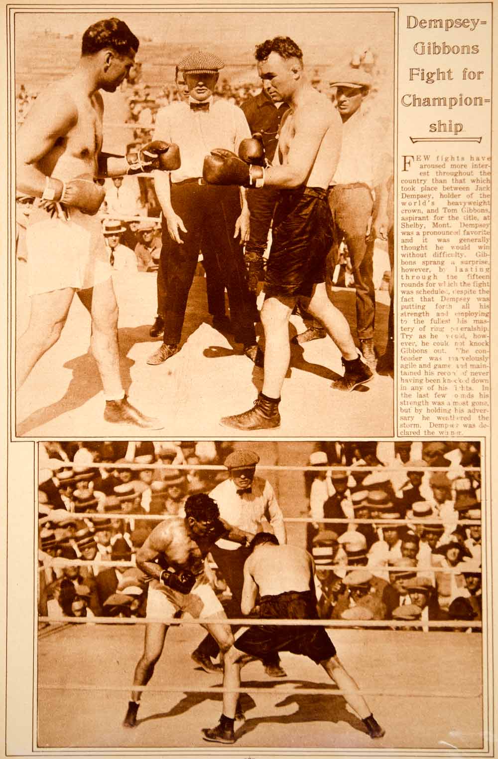 1923 Rotogravure Jack Dempsey vs. Tommy Gibbons Heavyweight Boxing Fight Match