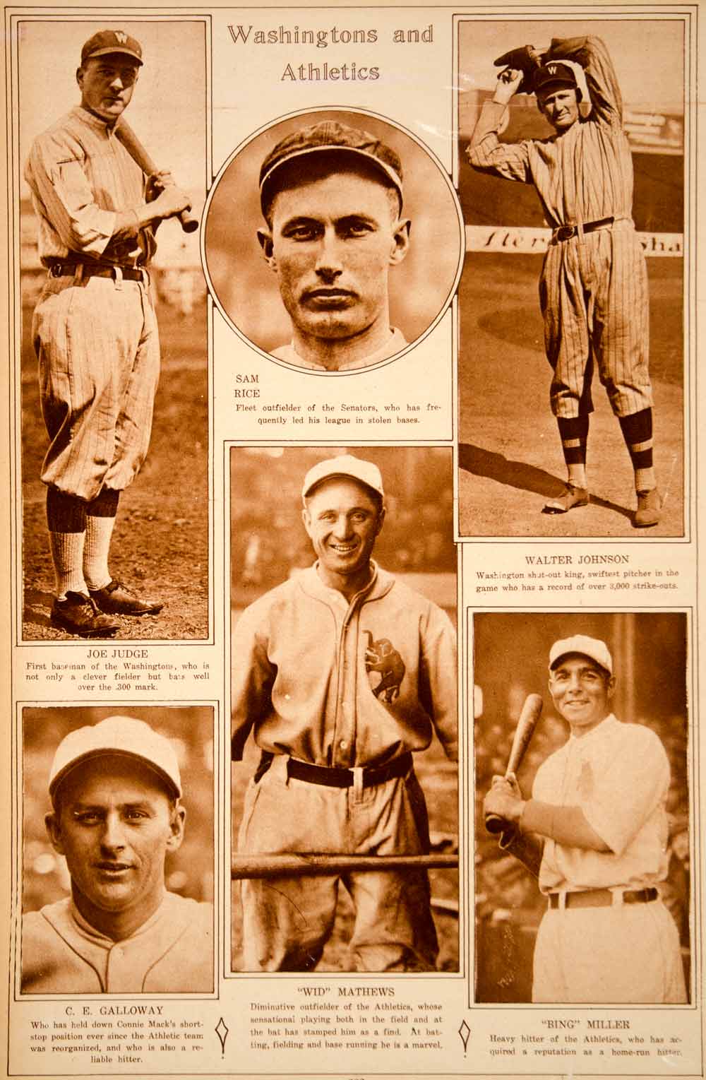 1923 Rotogravure Sam Rice Joe Judge Wid Mathews Bing Miller CE Galloway Baseball