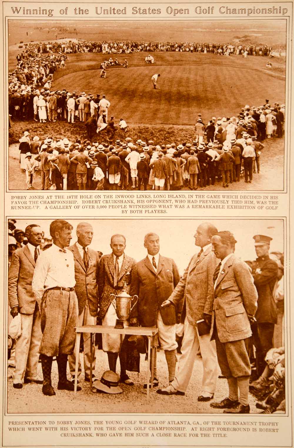 1923 Rotogravure Bobby Jones Robert Cruikshank US Open Golf Champion 18th Hole