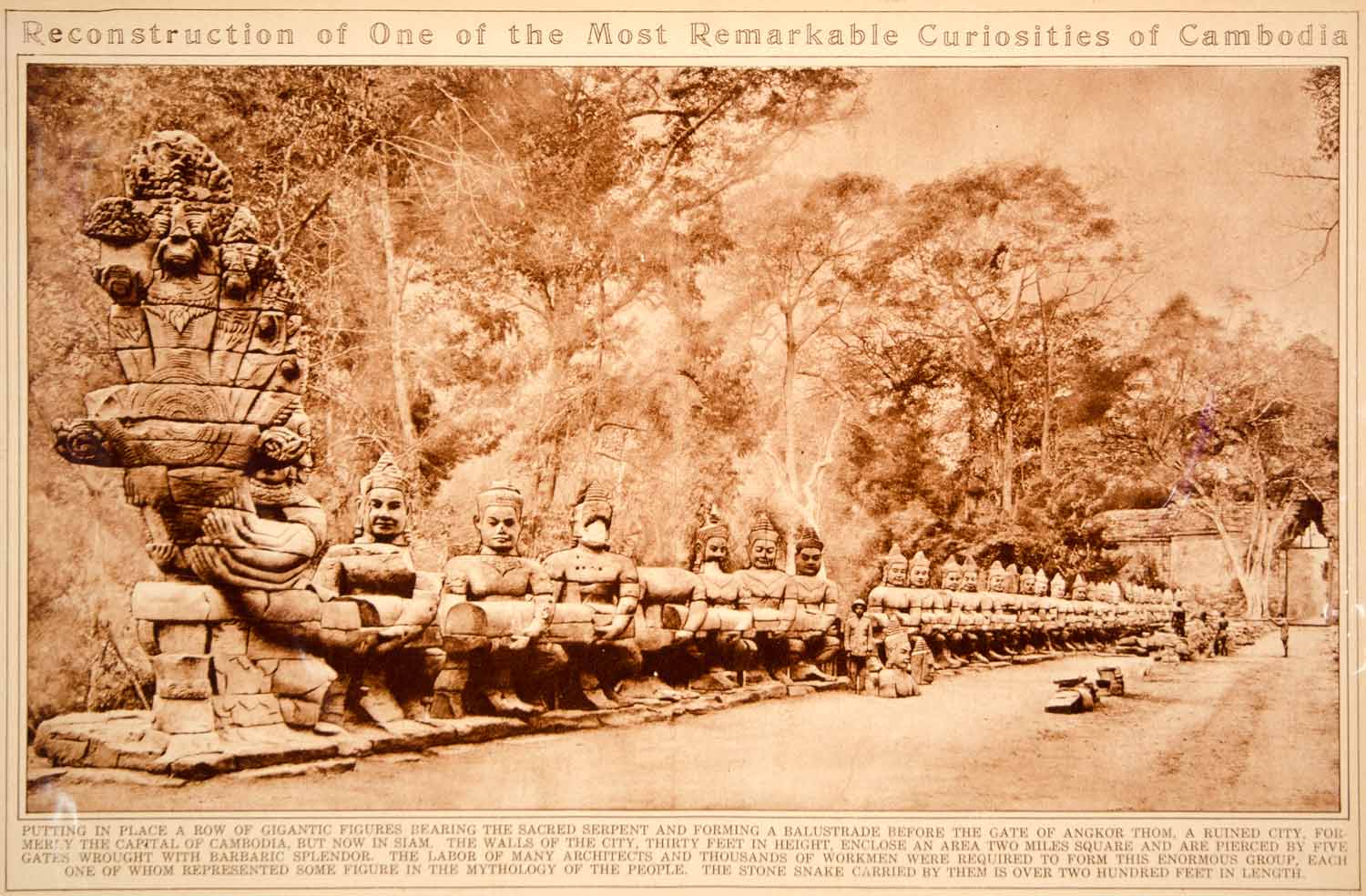 1923 Rotogravure Angkor Thom Gateway Statues Sacred Serpent Cambodia City Ruins