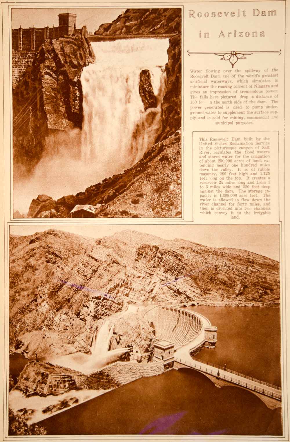 1923 Rotogravure Theodore Roosevelt Dam Salt River Arizona Water Land Irrigation