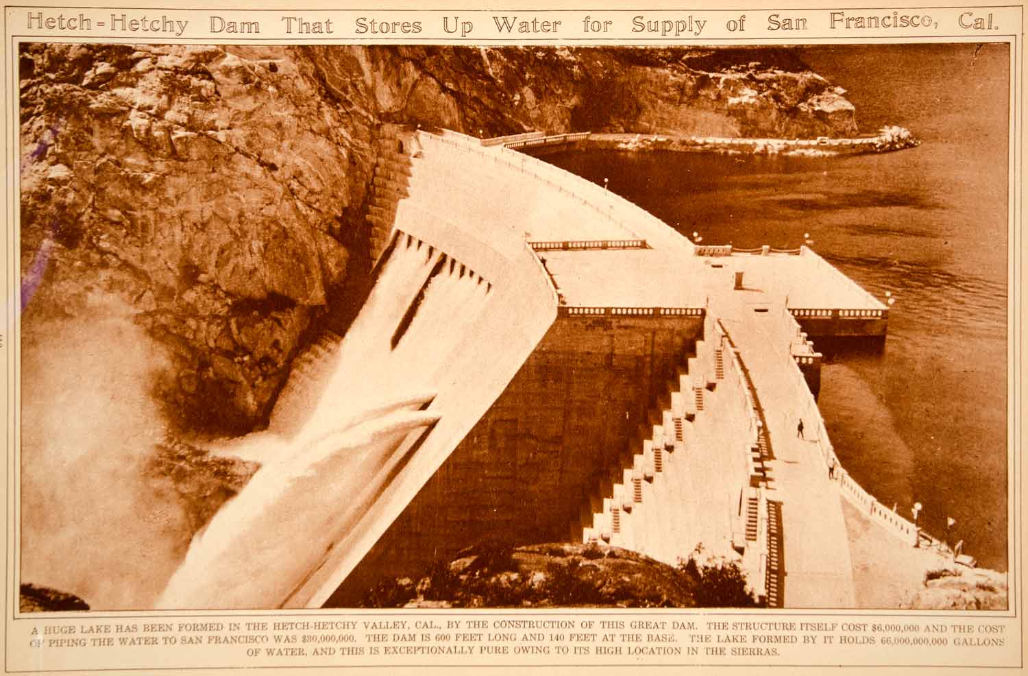 1923 Rotogravure O'Shaughnessy Dam Hetch Hetchy Valley Tuolumne River Reservoir
