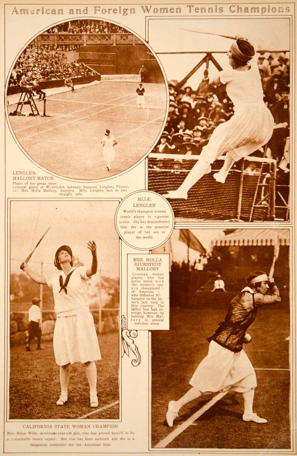 1923 Rotogravure Tennis Suzanne Lenglen Molla Bjurstedt Mallory Helen Willis