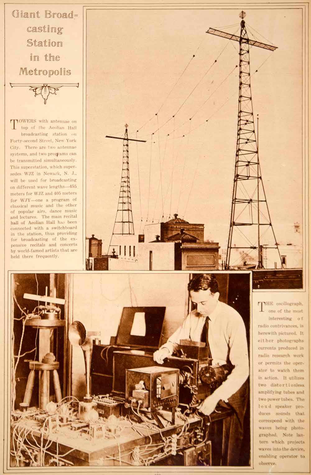 1923 Rotogravure Radio WJZ WJY Antenna Towers Aeolian Hall Roof NYC Broadcasting
