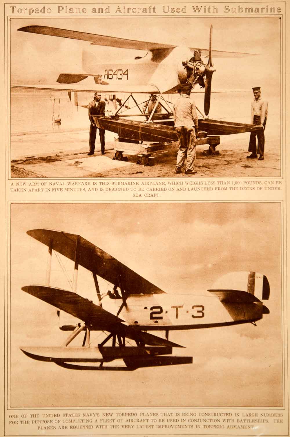 1923 Rotogravure Torpedo Airplanes Submarine U.S. Navy Warfare Aircraft Historic