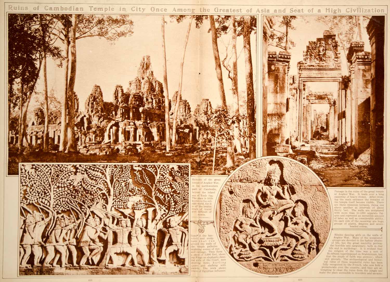 1923 Rotogravure Angkor Wat Cambodia Temple Ruins Archeological Site Historic