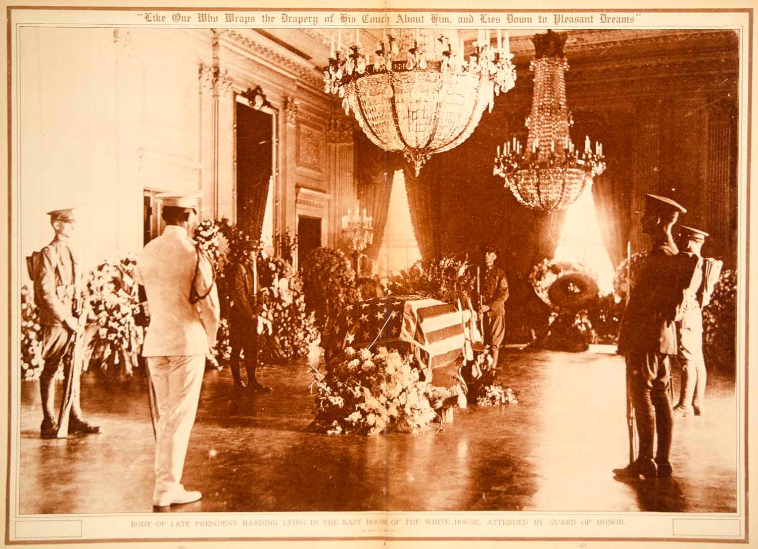 1923 Rotogravure President Harding Coffin Death Funeral East Room White House