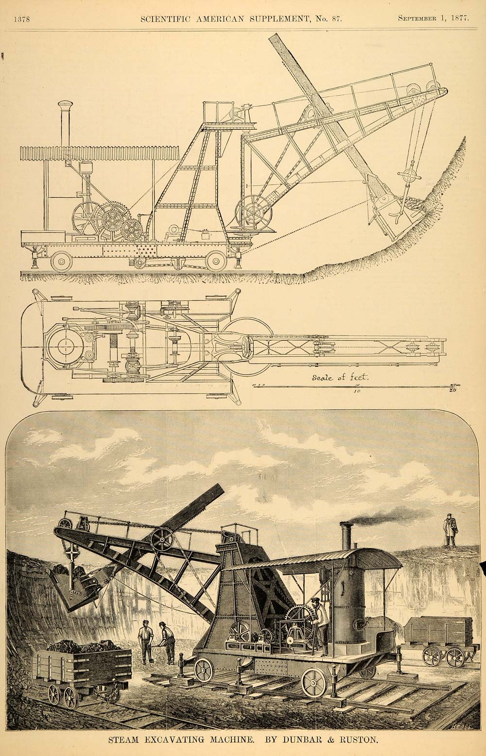1877 Print Steam Excavating Machine Dunbar & Ruston - ORIGINAL HISTORIC SA1A