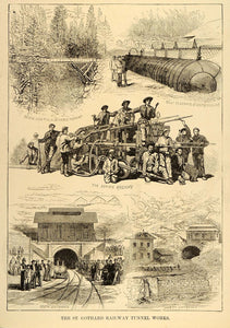 1877 Print Saint Gotthard Railway Tunnel Switzerland - ORIGINAL HISTORIC SA1A