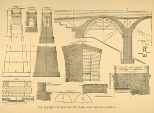 1877 Print Rouchat Viaduct Bridge Paris Orleans Railway ORIGINAL HISTORIC SA1A