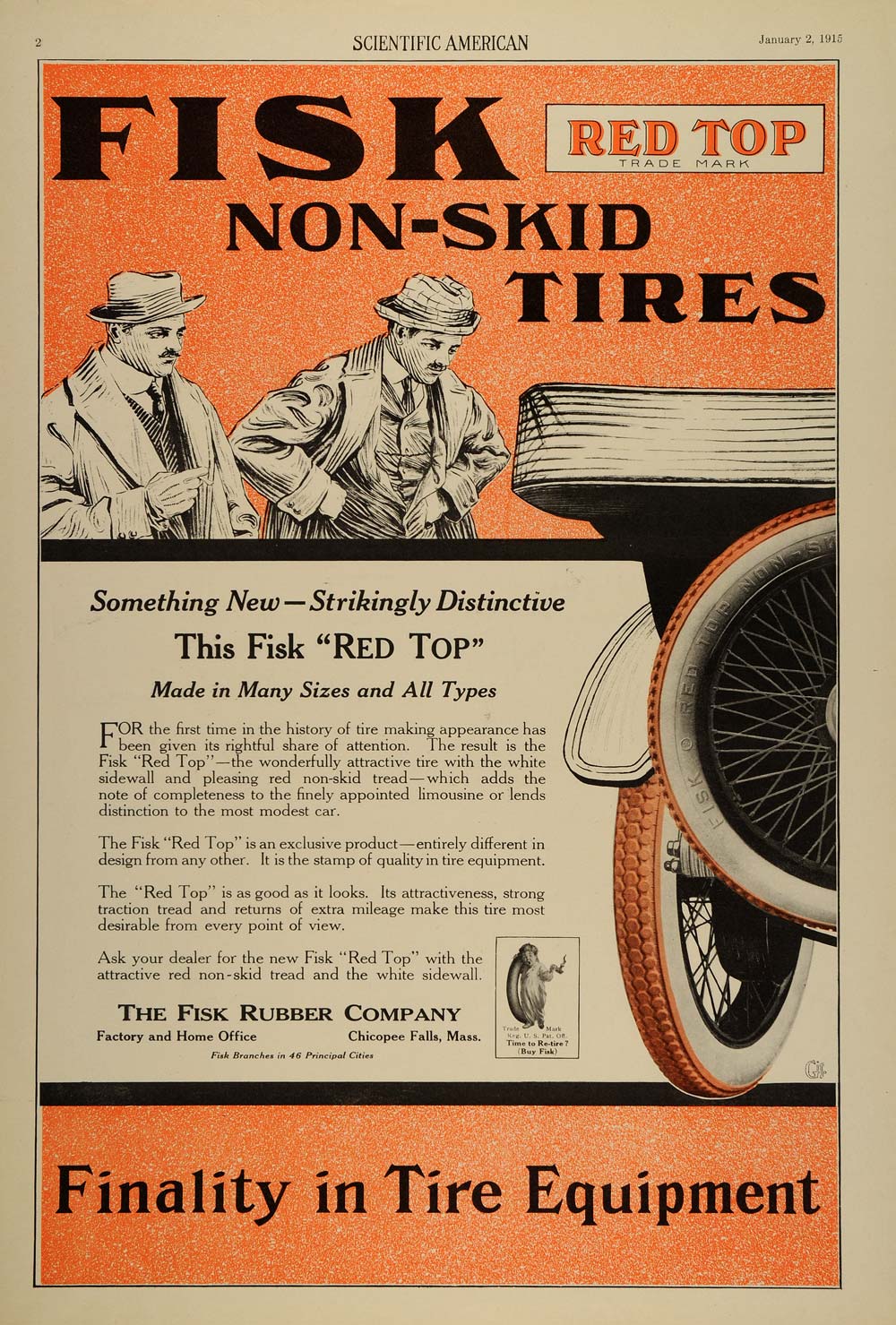1915 Ad Vintage Fisk Red Top Non-Skid Automobile Tires - ORIGINAL SA1A