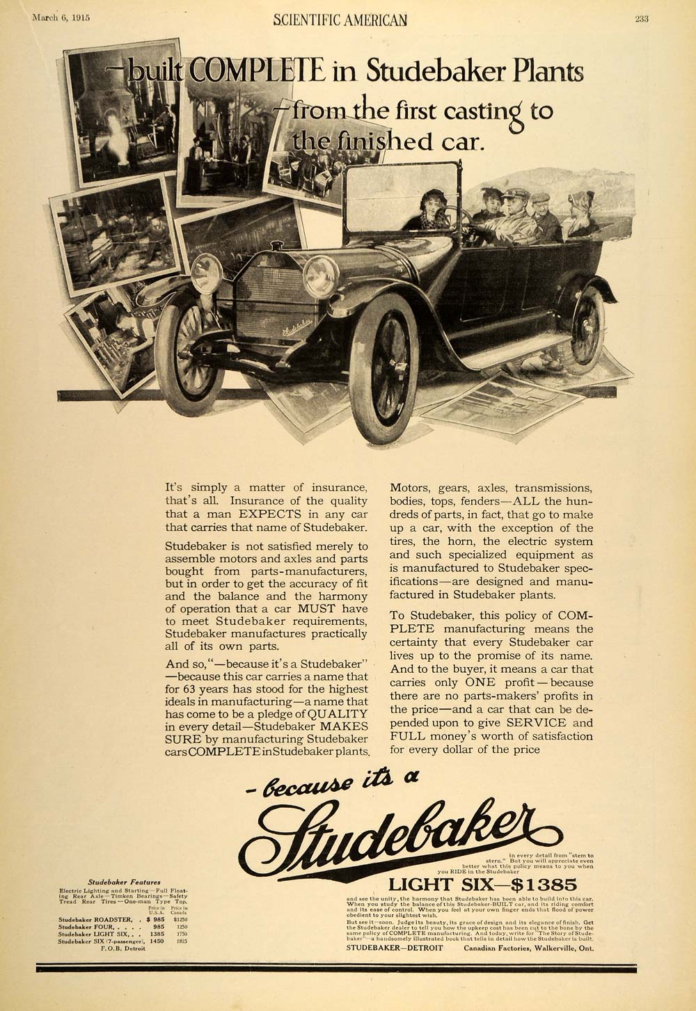 1915 Ad Vintage Studebaker Light Six Automobile Price - ORIGINAL SA1A