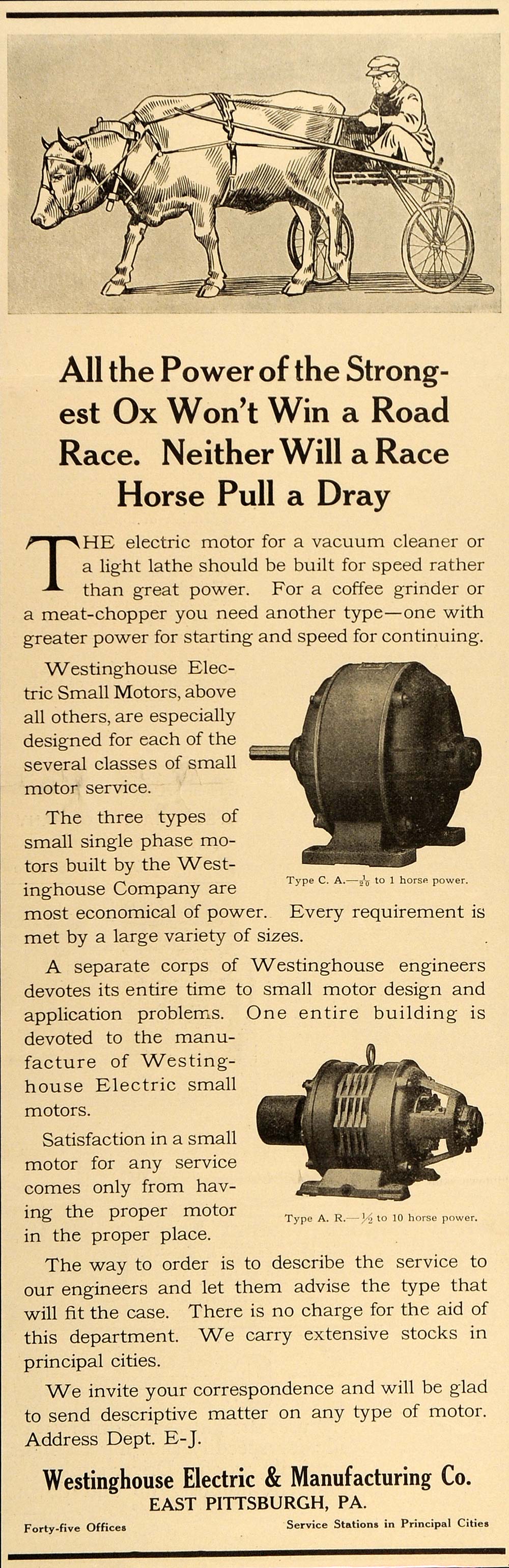 1915 Vintage Ad Westinghouse Electric Small Motors Oxen - ORIGINAL SA1A
