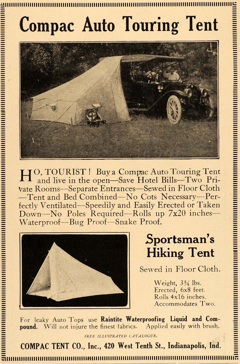 1915 Ad Compact Auto Touring Tent Hiking Car Camping - ORIGINAL ADVERTISING SA1B