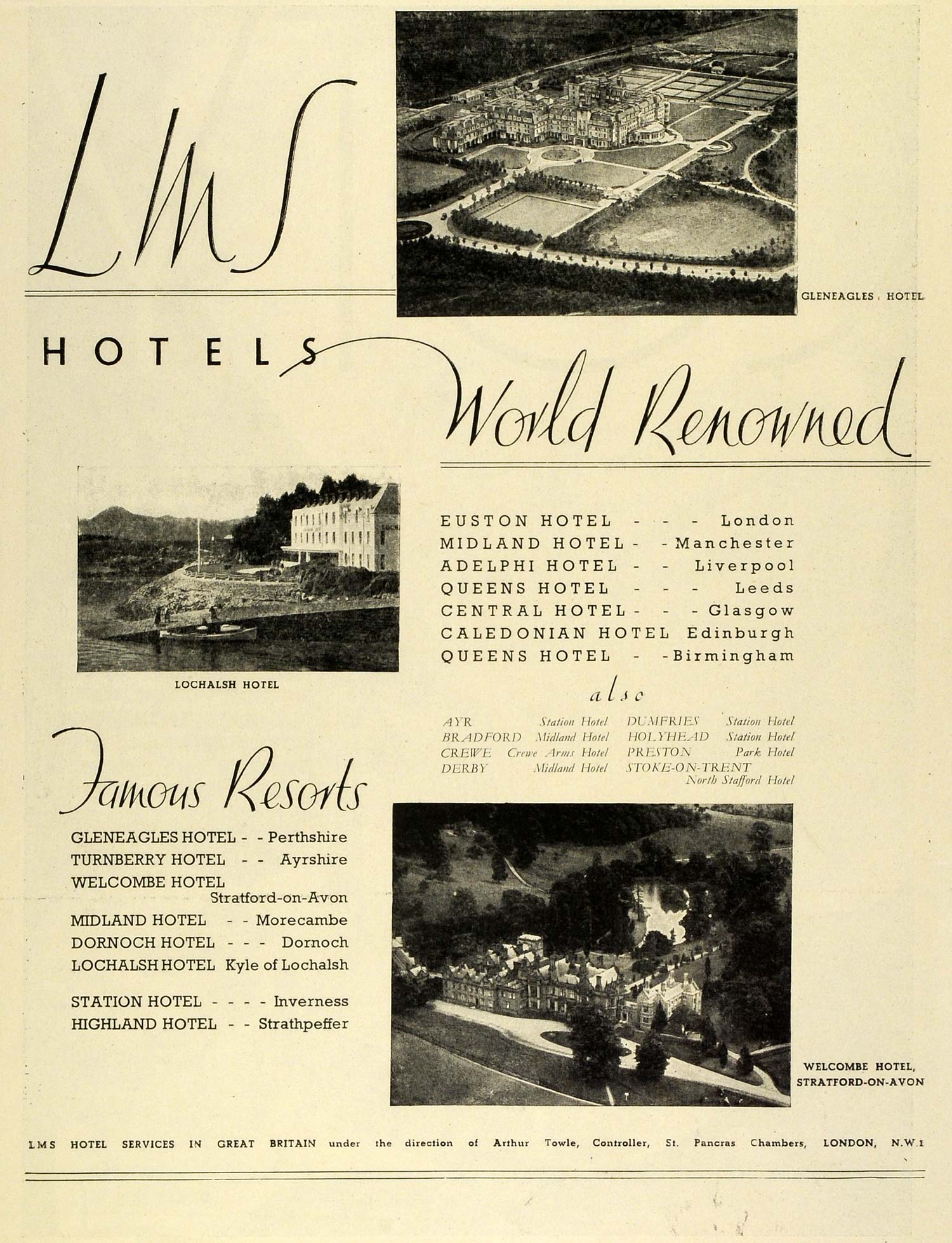 1939 Ad LMS Hotel Lochalsh Gleneagles Welcombe Stratford-On-Avon Lodging SAA1