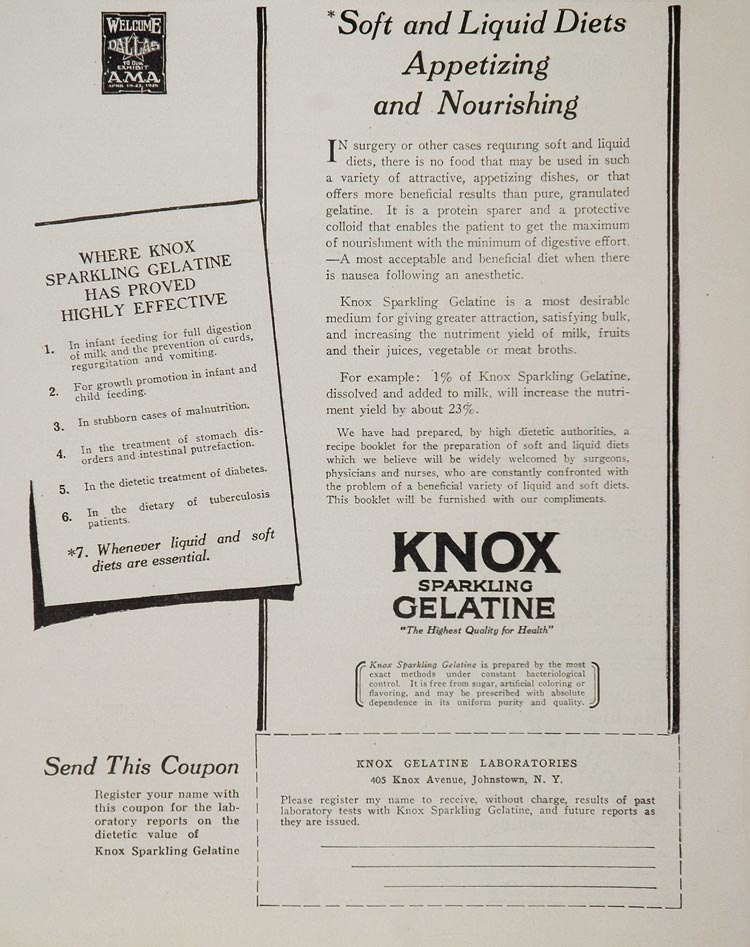 1926 Ad Knox Gelatine Liquid Soft Diet Food Johnstown - ORIGINAL ADVERTISING