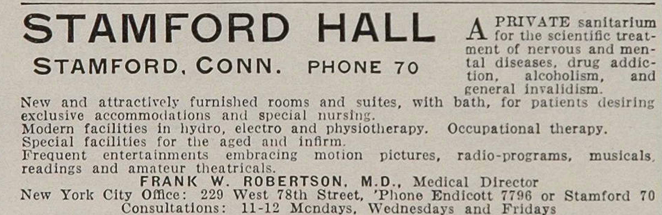 1926 Ad Stamford Hall Sanitarium CT Frank W. Robertson - ORIGINAL ADVERTISING