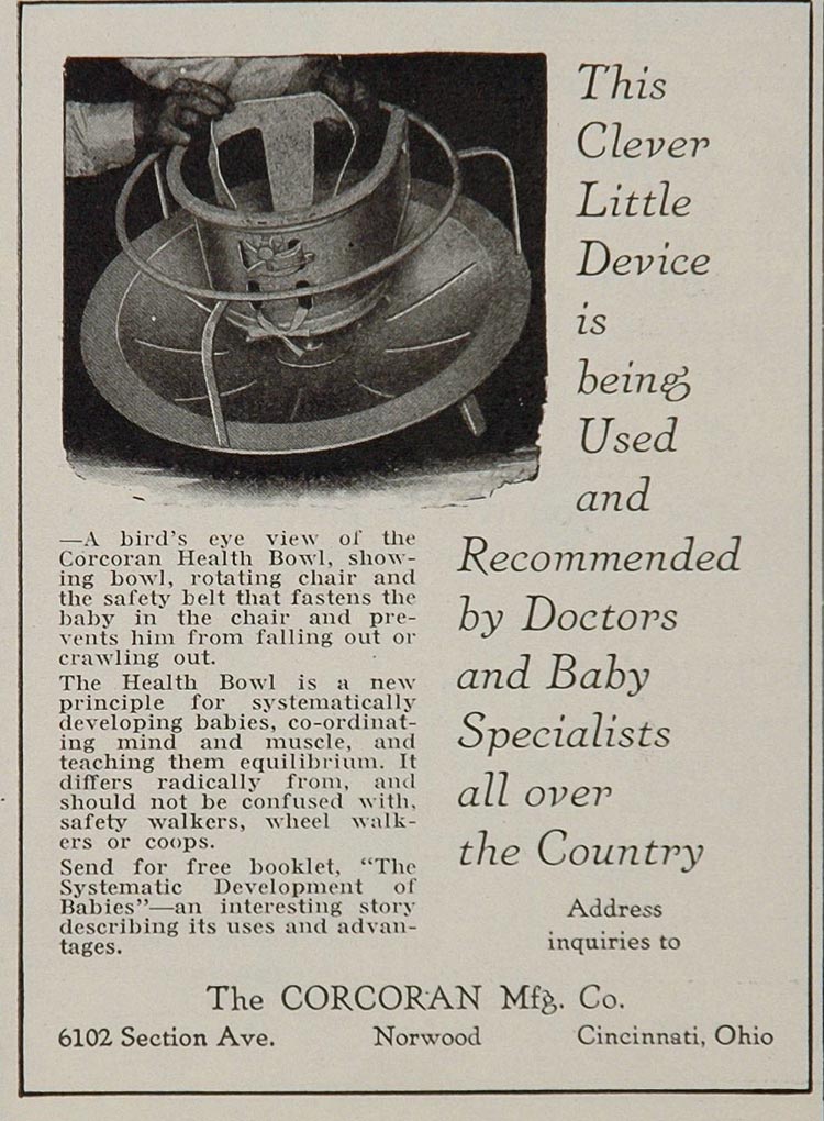 1926 Ad Corcoran Health Bowl Chair Baby Development - ORIGINAL ADVERTISING