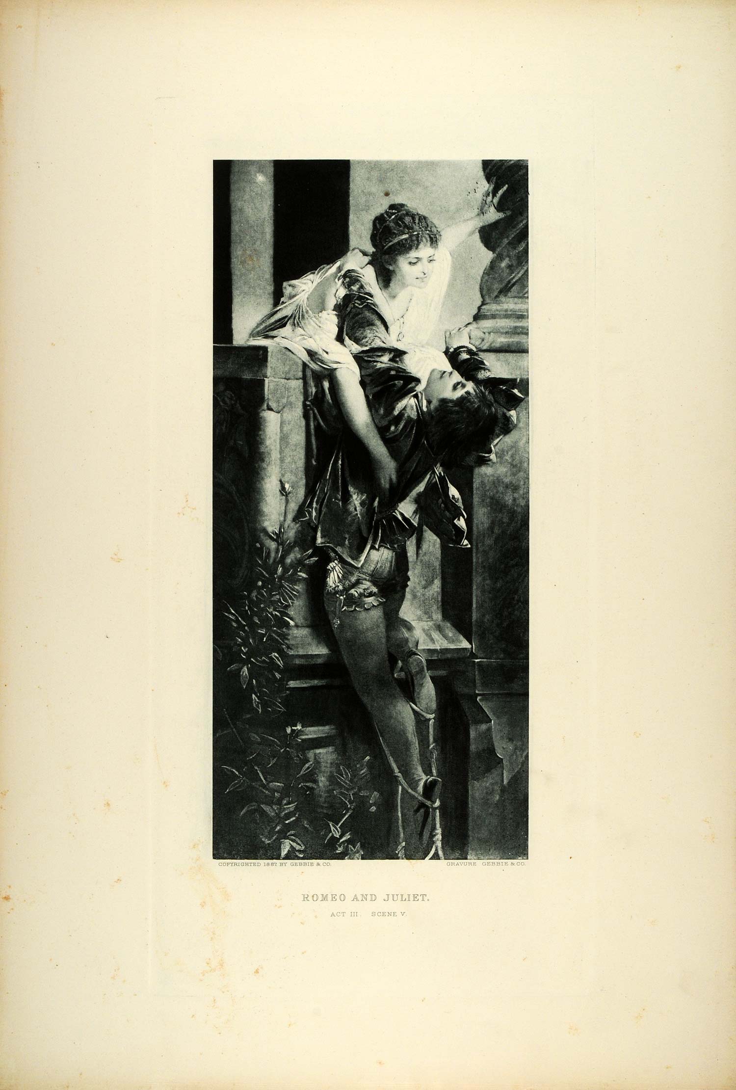 1887 Photogravure Romeo Juliet Shakespeare Lovers Balcony Tragedy Play SAS1