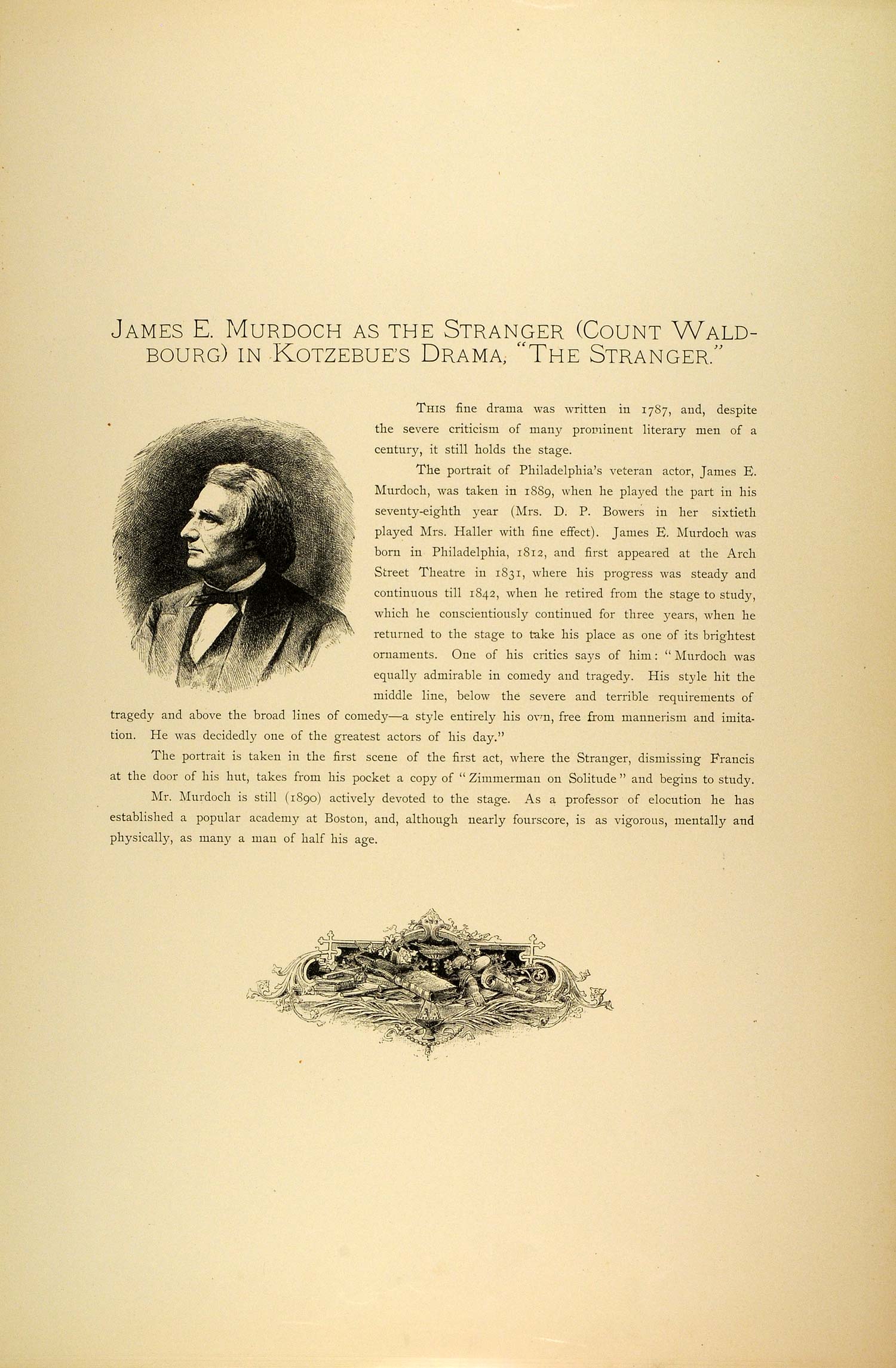 1887 Photogravure James E. Murdoch Actor Stage Play Stranger August von SAS1