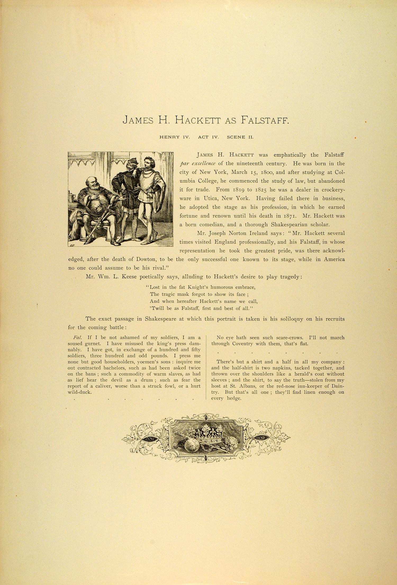 1887 Photogravure James Henry Hackett Actor Falstaff Henri IV Shakespeare SAS1