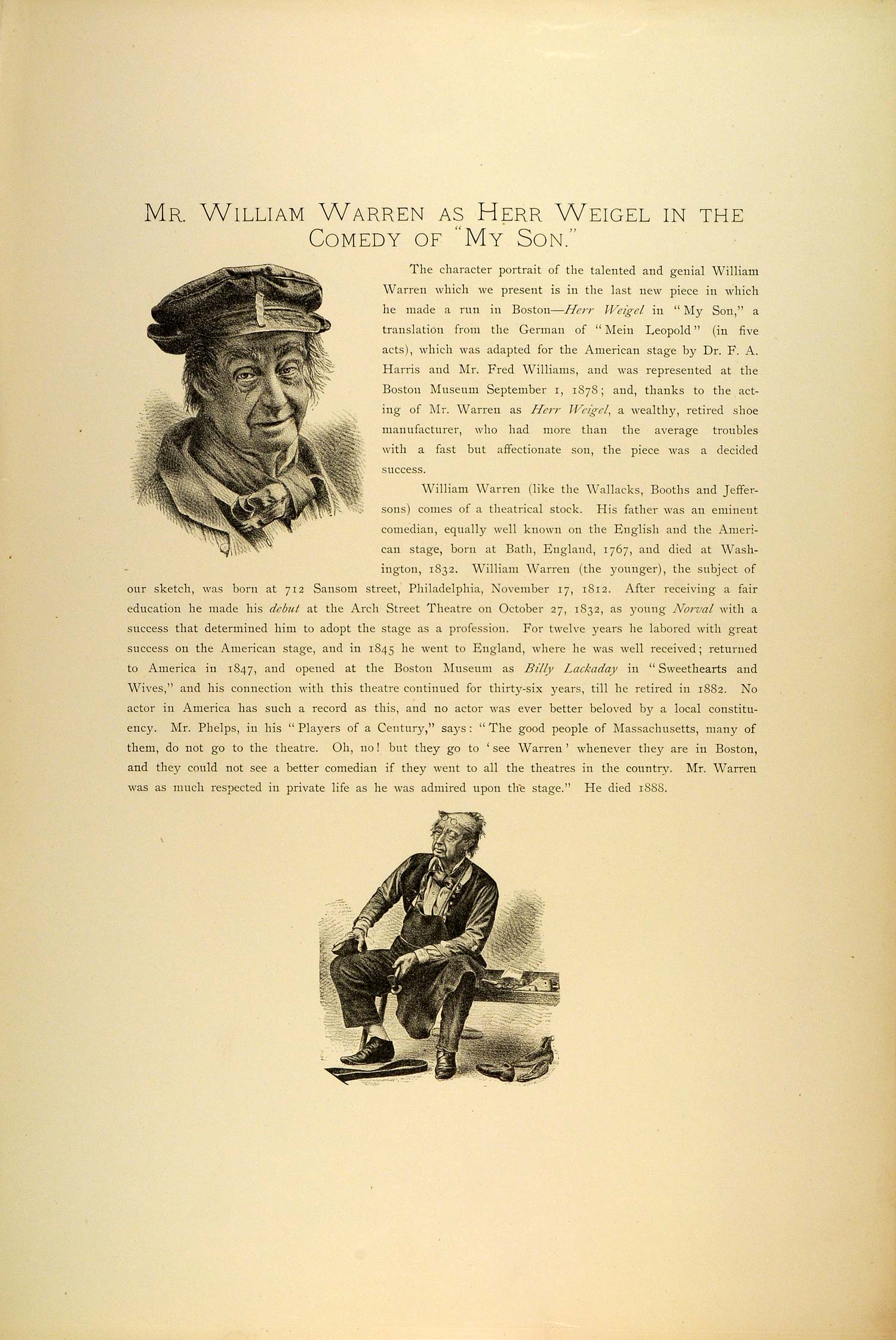 1887 Photogravure William Warren Actor Portrait Herr Weigel Comedy Play SAS1