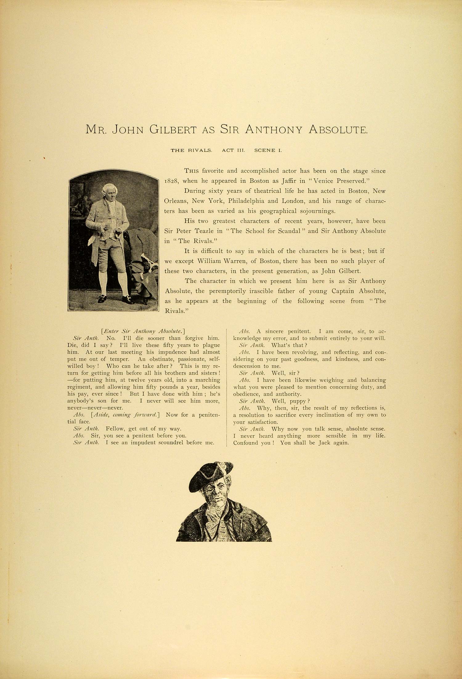 1887 Photogravure John Gilbert Actor Rivals Richard Brinsley Sheridan SAS1