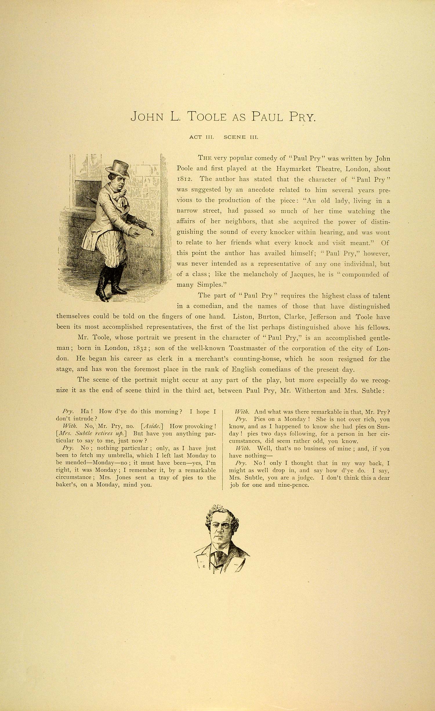 1887 Photogravure John L. Toole Actor Paul Pry John Poole Comedy Play SAS1