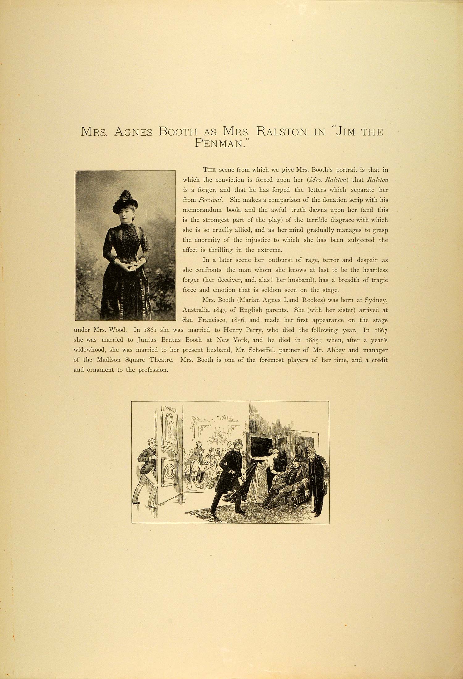 1887 Photogravure Agnes Booth Portrait Stage Actress Jim the Penman Play SAS1