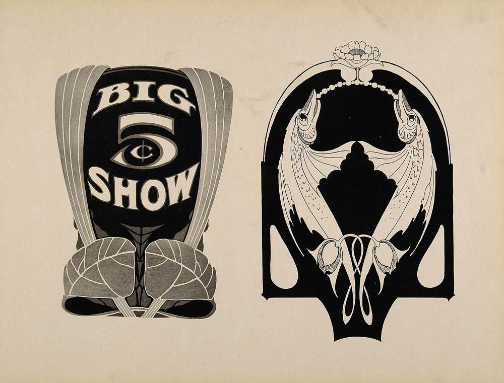 1910 Print Decorative Graphic Designs Art Nouveau Fish - ORIGINAL SB1