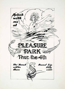 1910 Print Pleasure Park Mermaid Breasts Art Nouveau Fish Marine Waves SB1