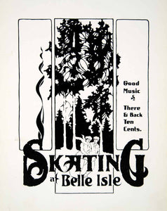 1910 Print Art Nouveau Typography Bold Forest Ice Skating Winter Belle Isle SB1