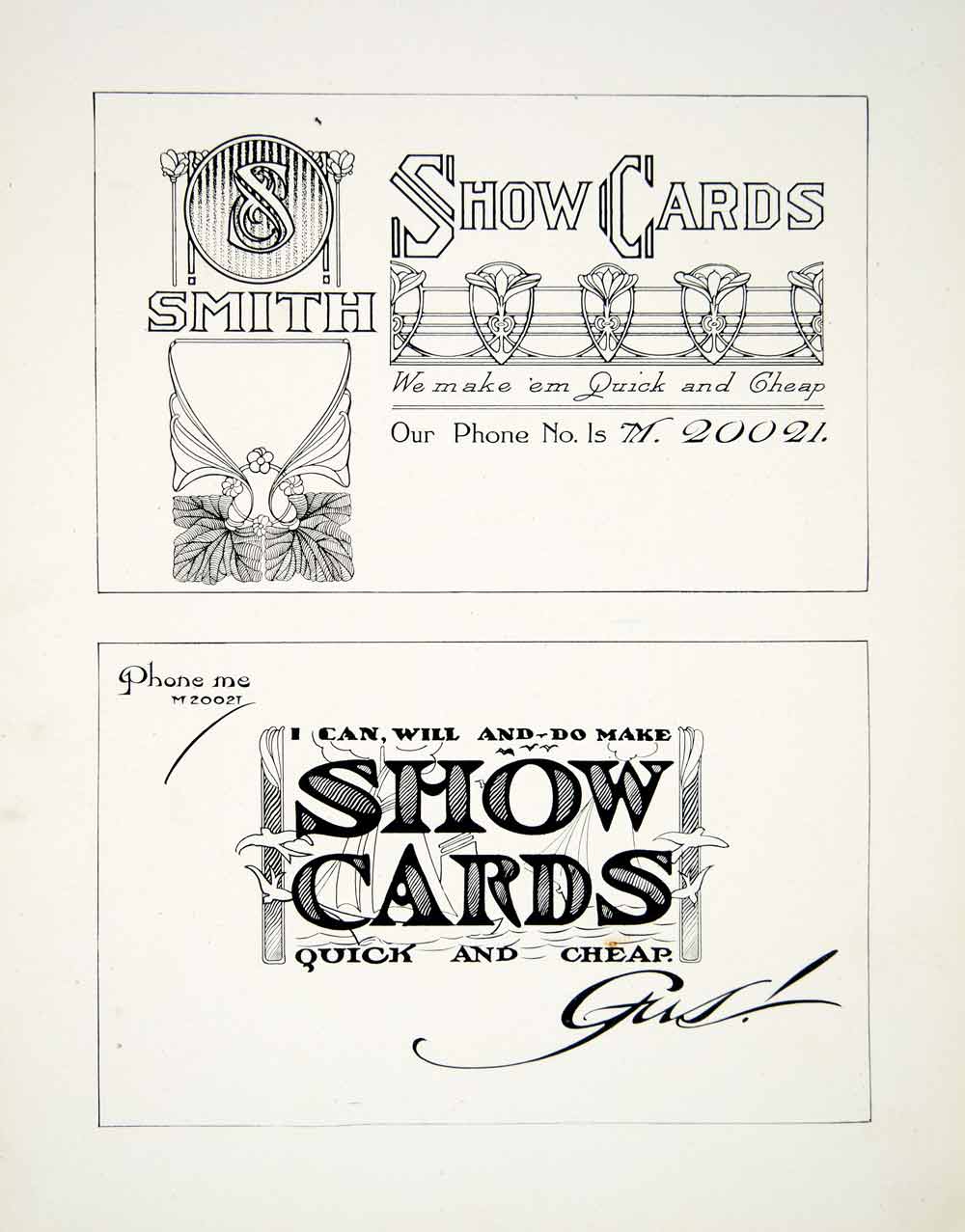 1910 Print Show Cards Art Nouveau Design Font Typography Border Initial Cap SB1