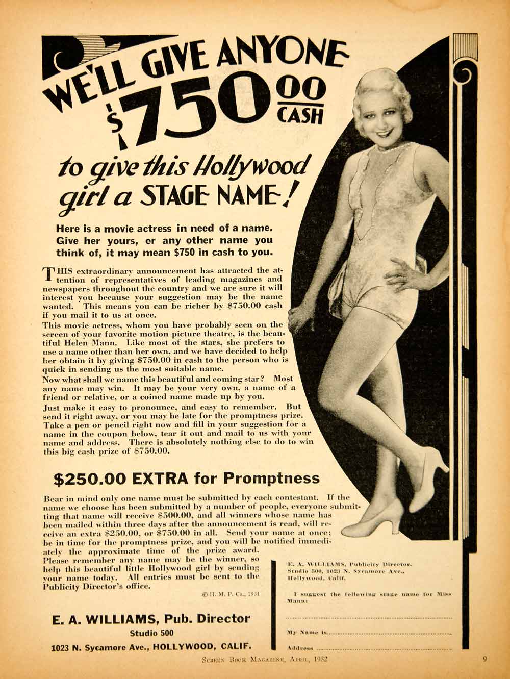1932 Ad Helen Mann Actress Williams Stage Name Prize 1023 North Sycamore SBM1
