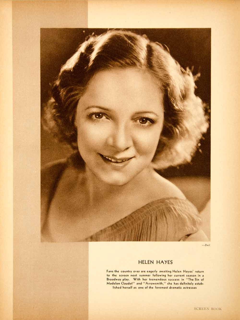 1932 Rotogravure Helen Hayes Actress Madelon Claudet Arrowsmith Portrait SBM1