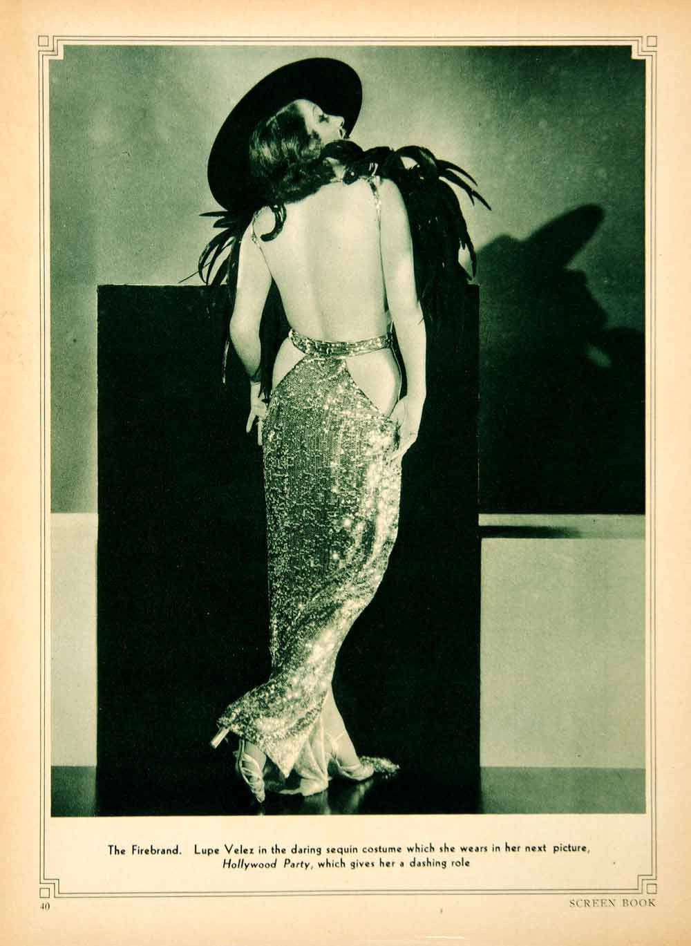 1934 Rotogravure Lupe Velex Hollywood Party Backless Dress Firebrand SBM1 - Period Paper
