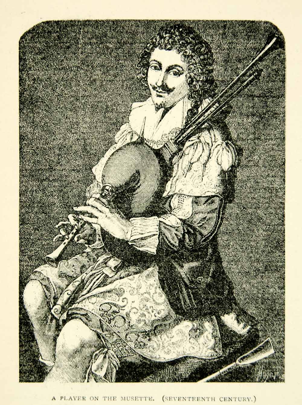 1911 Wood Engraving Musette de Cour Bagpipe Musical Instrument Piper P ...