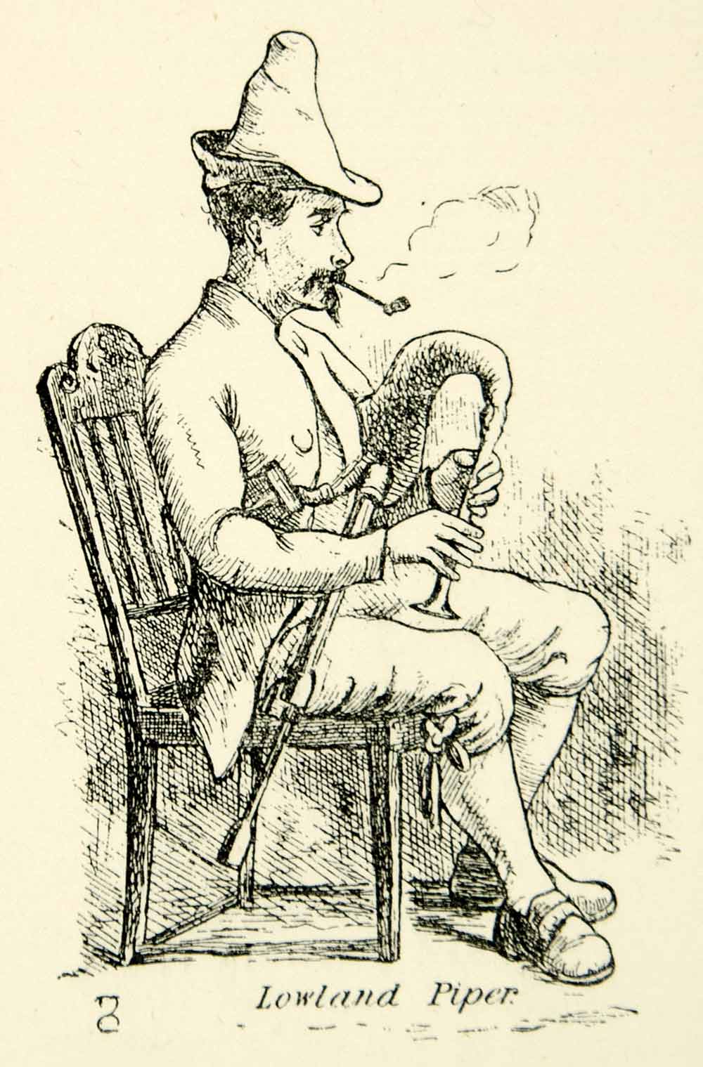 1911 Wood Engraving Lowland Piper Scottish Bagpiper Bagpipes Bellows Music SBP1