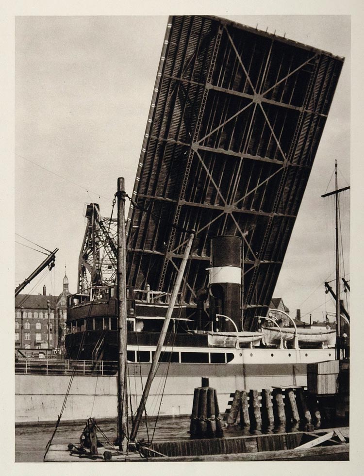 1930 Ship Langebro Long Bridge Drawbridge Copenhagen - ORIGINAL PHOTOGRAVURE SC2