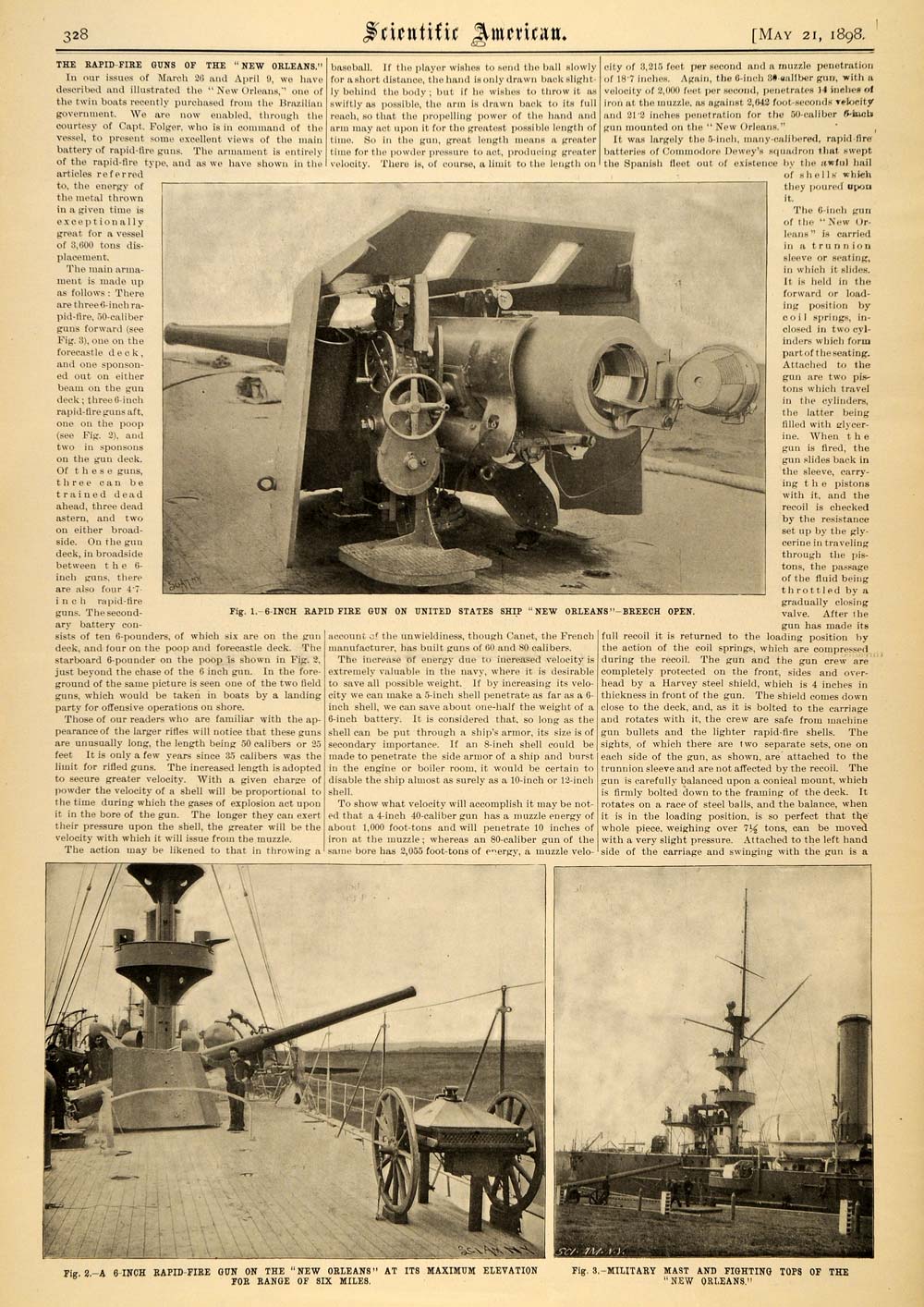 1898 Article Scientific Ship New Orleans Rapid-Fire Gun - ORIGINAL SCA1