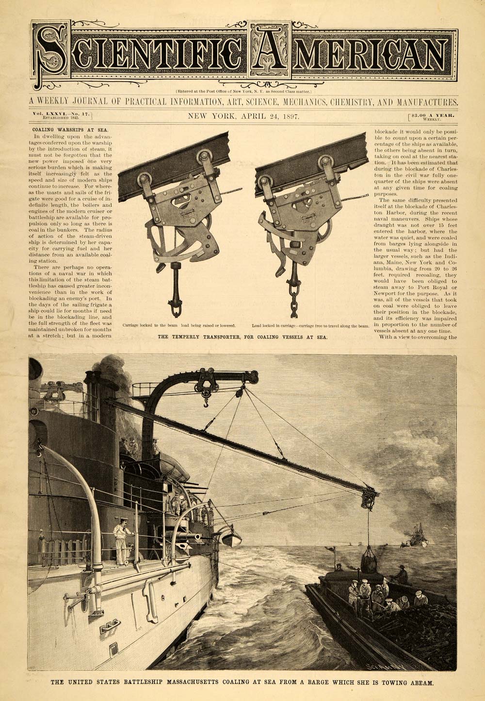1897 Cover Scientific Warship Massachusetts Coal At Sea - ORIGINAL SCA1