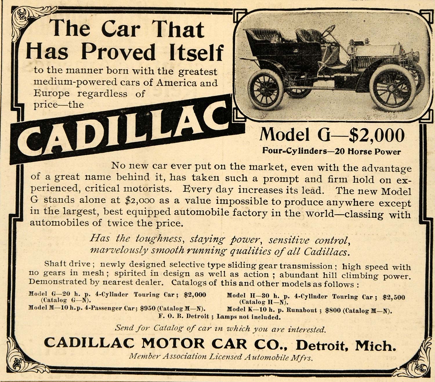 1907 Ad Pricing Cadillac Motor Car Michigan Model G Automobile Detroit SCA2