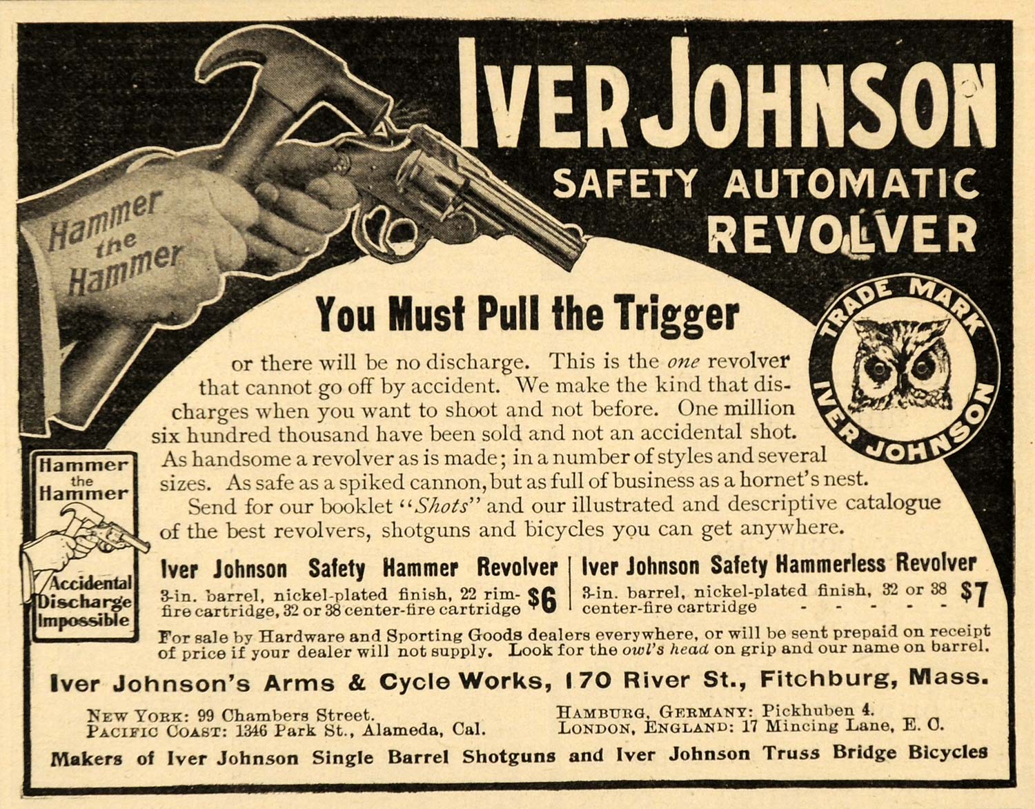 1907 Ad Iver Johnson Arms Cycle Work Safety Fitchburg Revolver Gun SCA2