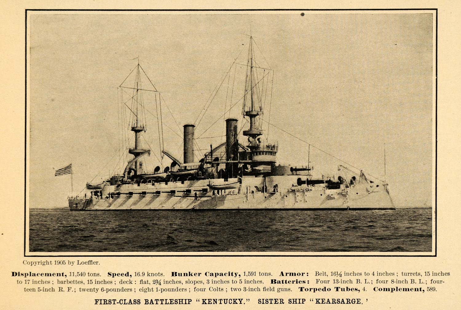 1907 Print First-class Battleship Kentucky Kearsarge - ORIGINAL HISTORIC SCA2