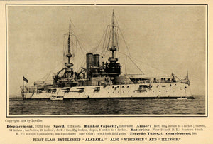 1907 Print First-Class Battleship Alabama Wisconsin IL ORIGINAL HISTORIC SCA2