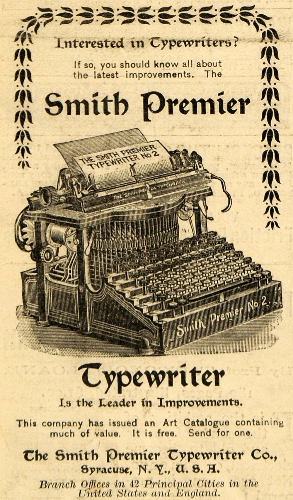 1898 Ad Antique Smith Premier Typewriter Writing Machine Typing Syracuse NY SCA2