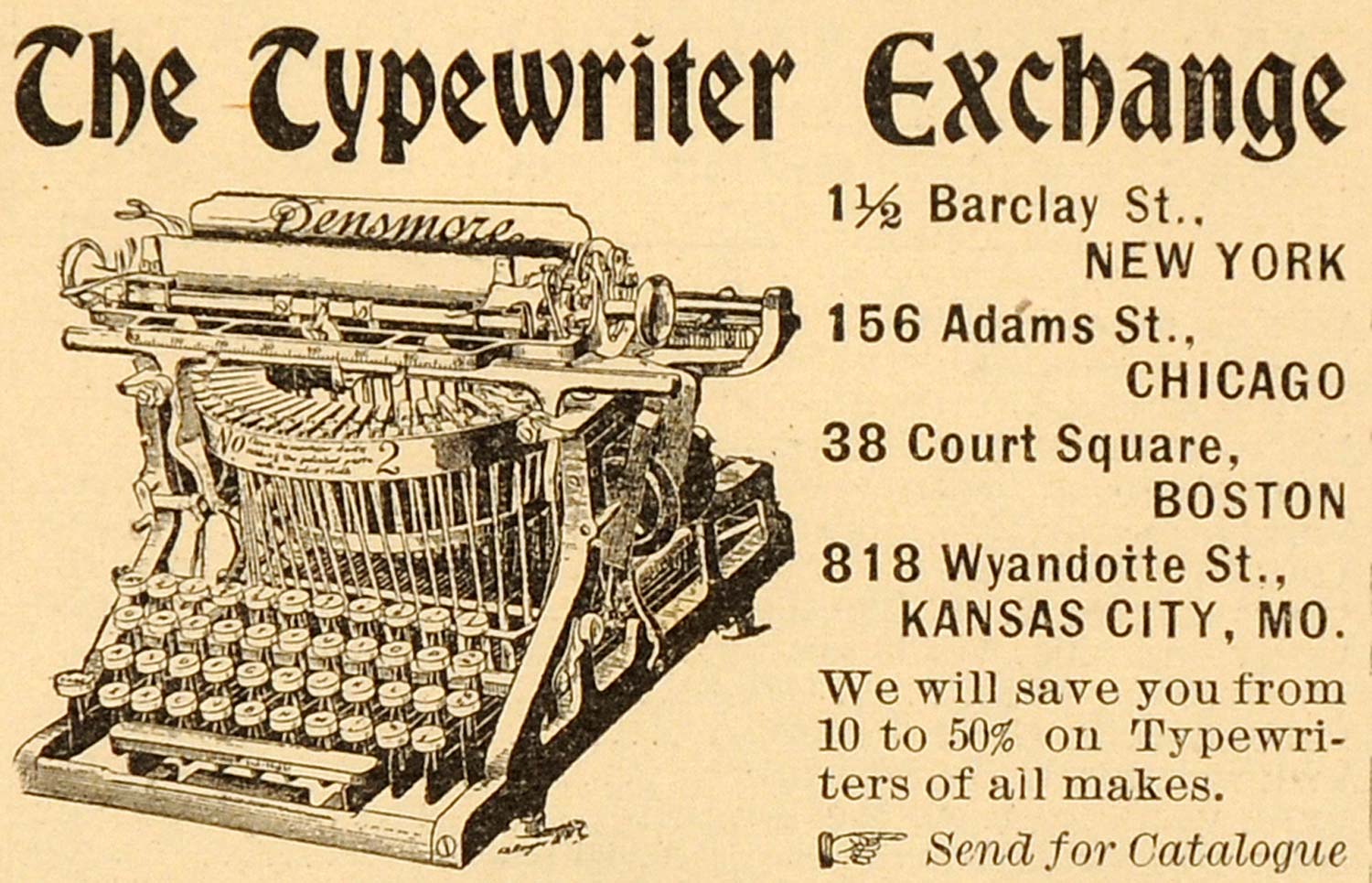 1898 Ad Typewriter Exchange Densmore Writing Machine - ORIGINAL ADVERTISING SCA2