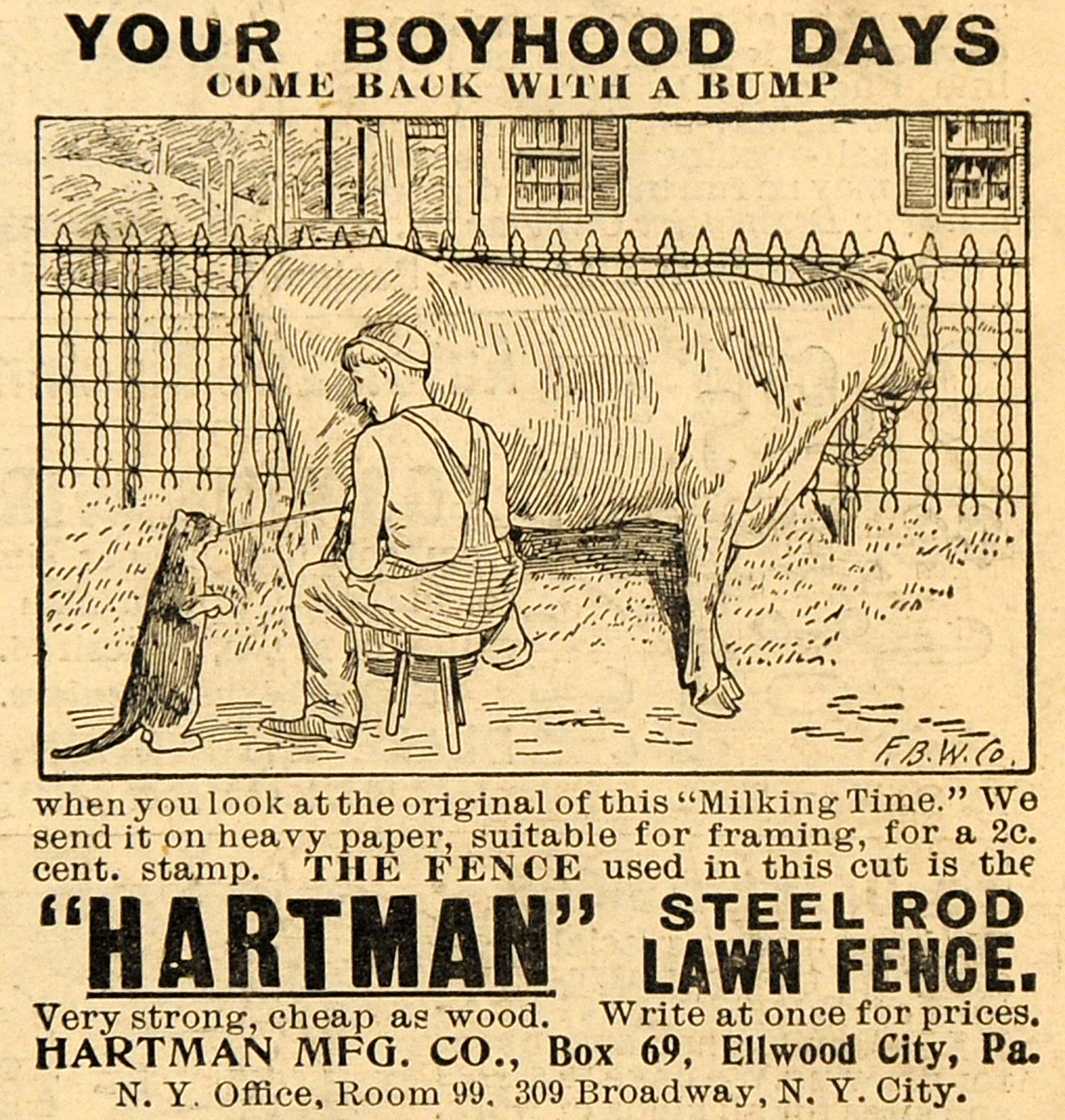 1899 Ad Hartman Mfg Steel Rod Lawn Fence Milking Cow - ORIGINAL ADVERTISING SCA2