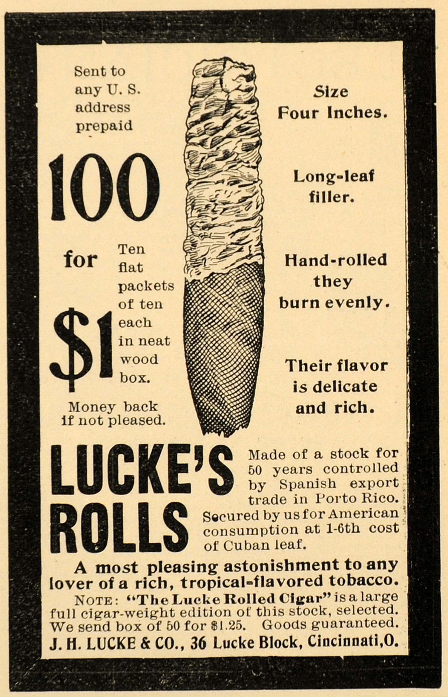 1899 Ad J L Lucke & Co. Rolled Cigar Cuban Leaf Tobacco - ORIGINAL SCA2